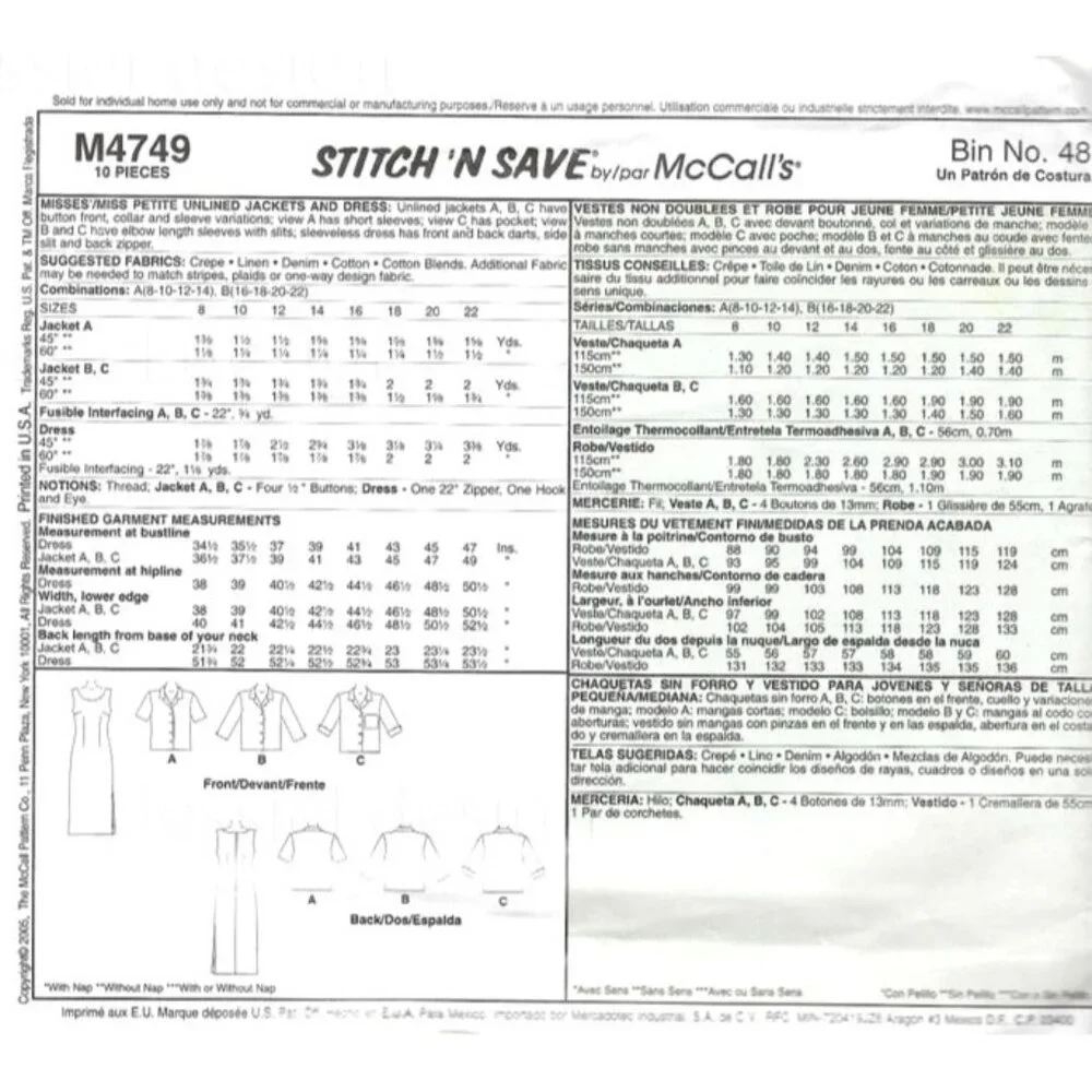 McCall's Sewing Pattern 4749‎ Misses Jacket Dress Size 8-14